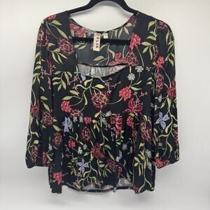 Anthropologie Dolan Left Coast Collection Black Floral Babydoll Top Size L